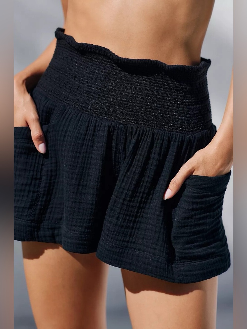 Anthropologie Black Smocked High-Waist Shorts with Pockets